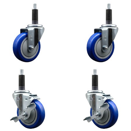 Service Caster 4'' SS Blue Poly Wheel Swivel 1'' Expanding Stem Caster Set 2 Brakes, 4PK SCC-SSEX20S414-PPUB-BLUE-2-TLB-2-1